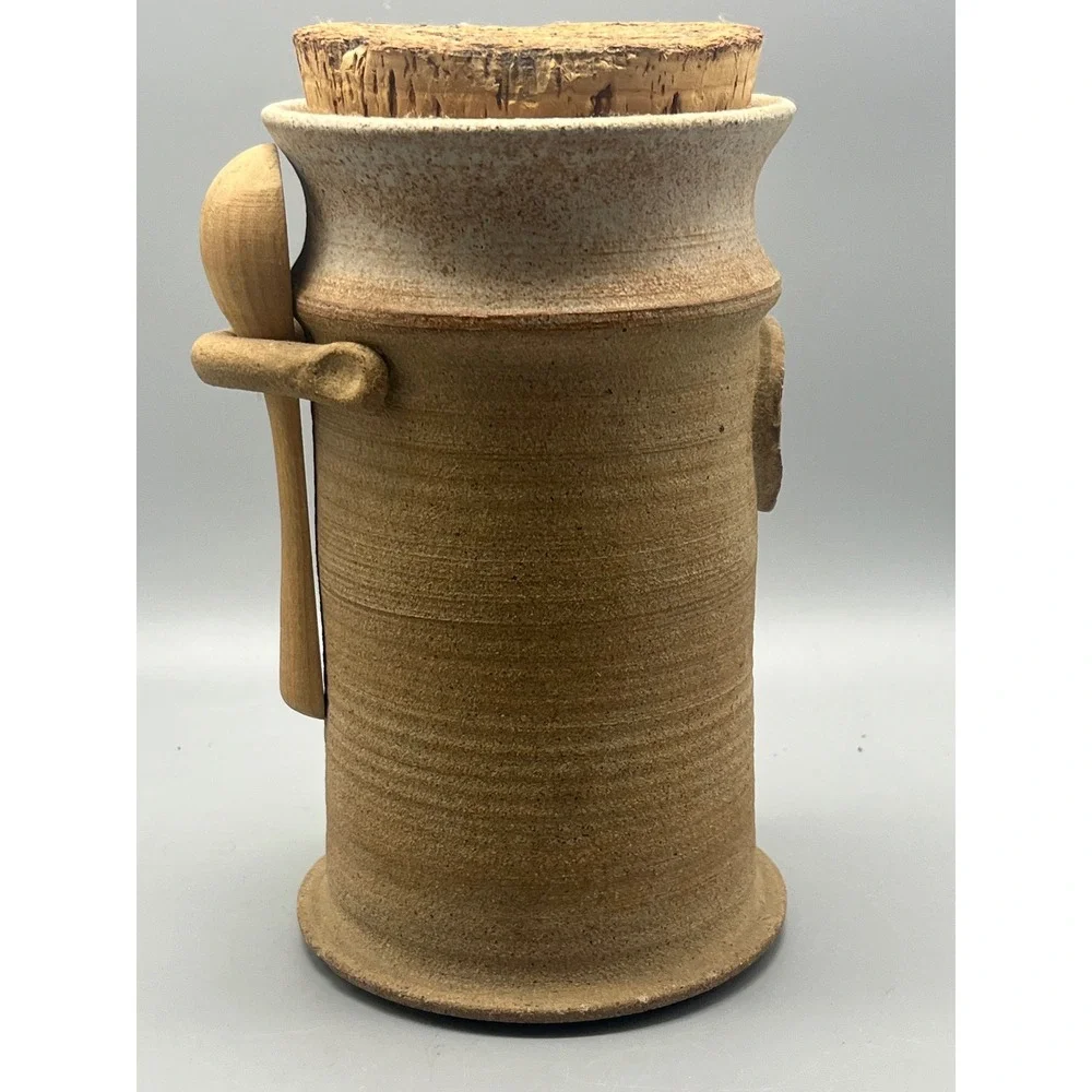 Handmade Signed‎ Pottery Kitchen Canister Jar Cork Lid Spoon Rest Rustic Style